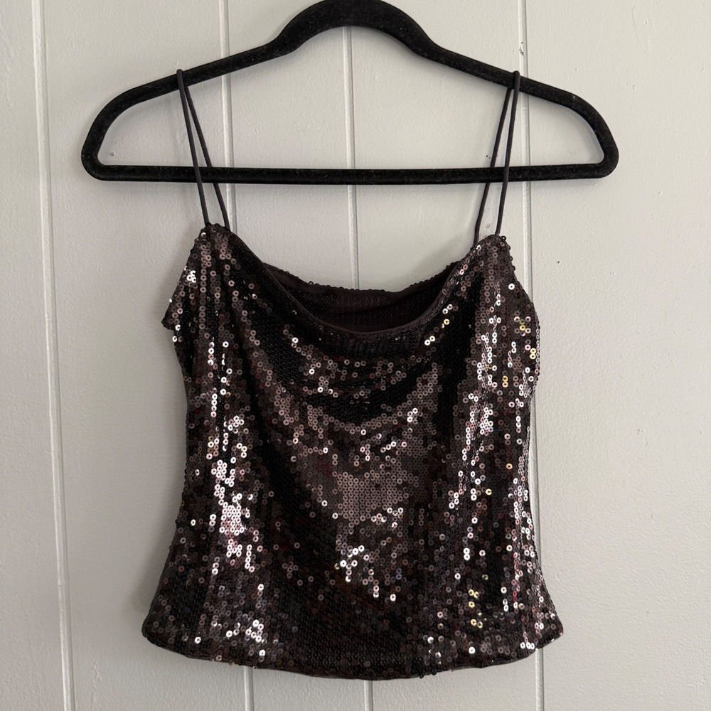Black Sequin Cowl Neck Spaghetti Strap Cami Tank XS Going Out Top Indie Sleaze